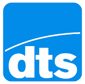 Logo of dts, featuring a blue square with a white stylized wave line through it, and the letters 'dts' in white lowercase font.