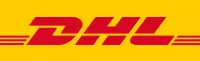 Dhl logo featuring bold red letters on a yellow background with two red horizontal stripes extending from the letter 'h'.